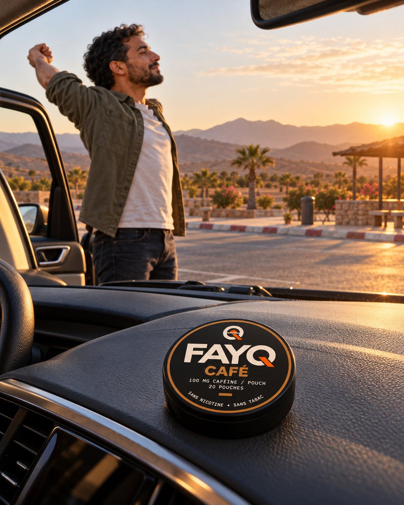 Boîte FAYQ Café sur le tableau de bord pendant une pause sur la route au Maroc