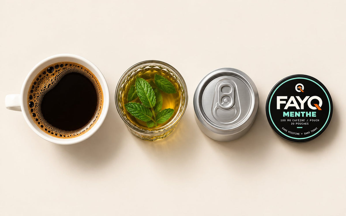 Café, thé à la menthe, canette et boîte FAYQ côte à côte